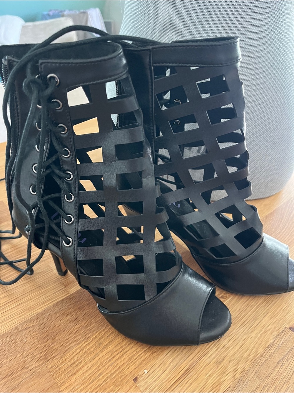 Black Cage Lace-Up Peep Toe Heels - Women's Dance Shoes
